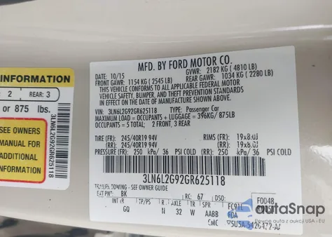 2016 Lincoln Mkz from USA, damaged, VIN 3LN6L2G92GR625118